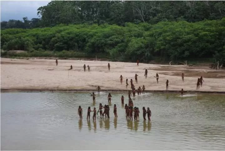 Striking footage shows rare uncontacted hunter-gatherer tribe wielding spears on riverbank in Peru (video)