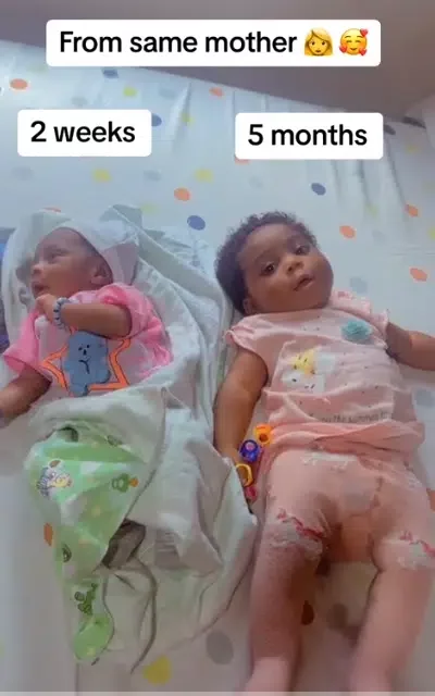 'Superfetation or Irish Twins?'- Nigerian woman stuns many with rare birth of babies; one 5 months old and other 2 weeks old