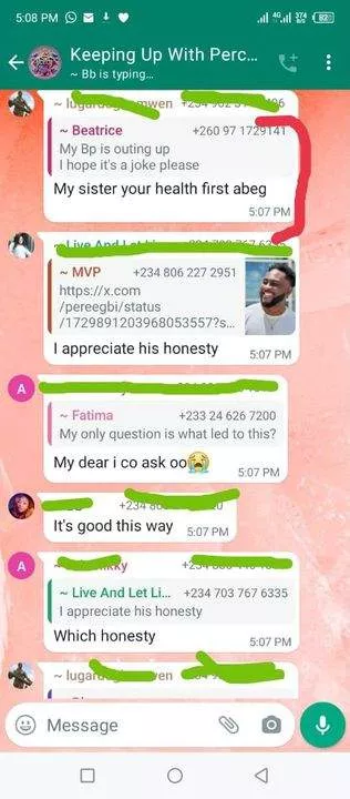 'My BP is going up' - WhatsApp chat from Percy shippers leaks few minutes after Pere disassociated himself from Mercy Eke