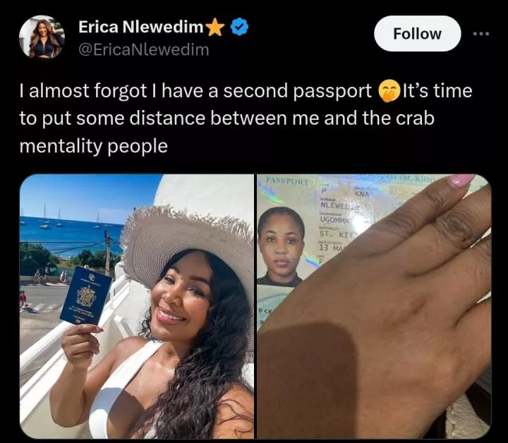 'I have a second passport' - Erica Nlewedim flaunts her newly acquired Caribbean passport