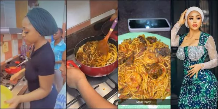 "Billionaire wife dey cut fish like me" - Netizens unimpressed as Regina Daniels prepares spaghetti (Video)