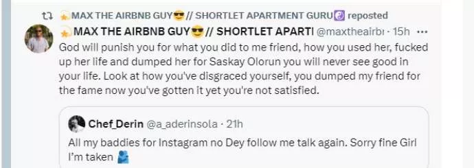 'Saskay is the 4th girl he's dating in 1 year' - More chats leak as man calls out Chef Derin for dumping his friend