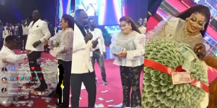 Mixed reactions as church members spray money on pastor's wife on her birthday