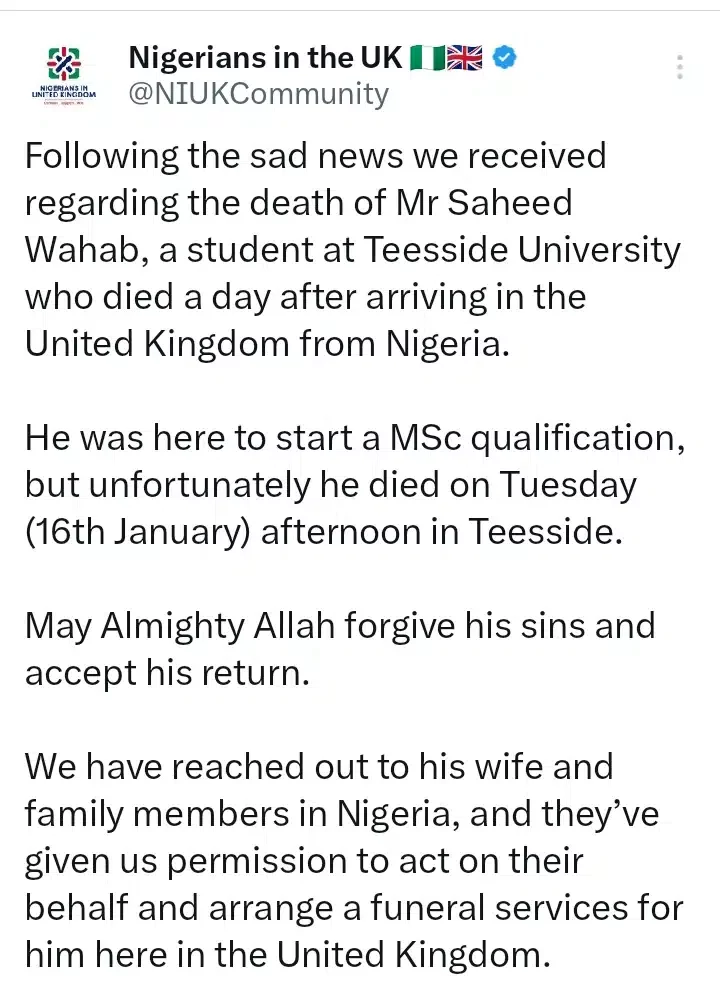 Tragedy as Nigerian man dies 24 hours after arriving UK for postgraduate studies