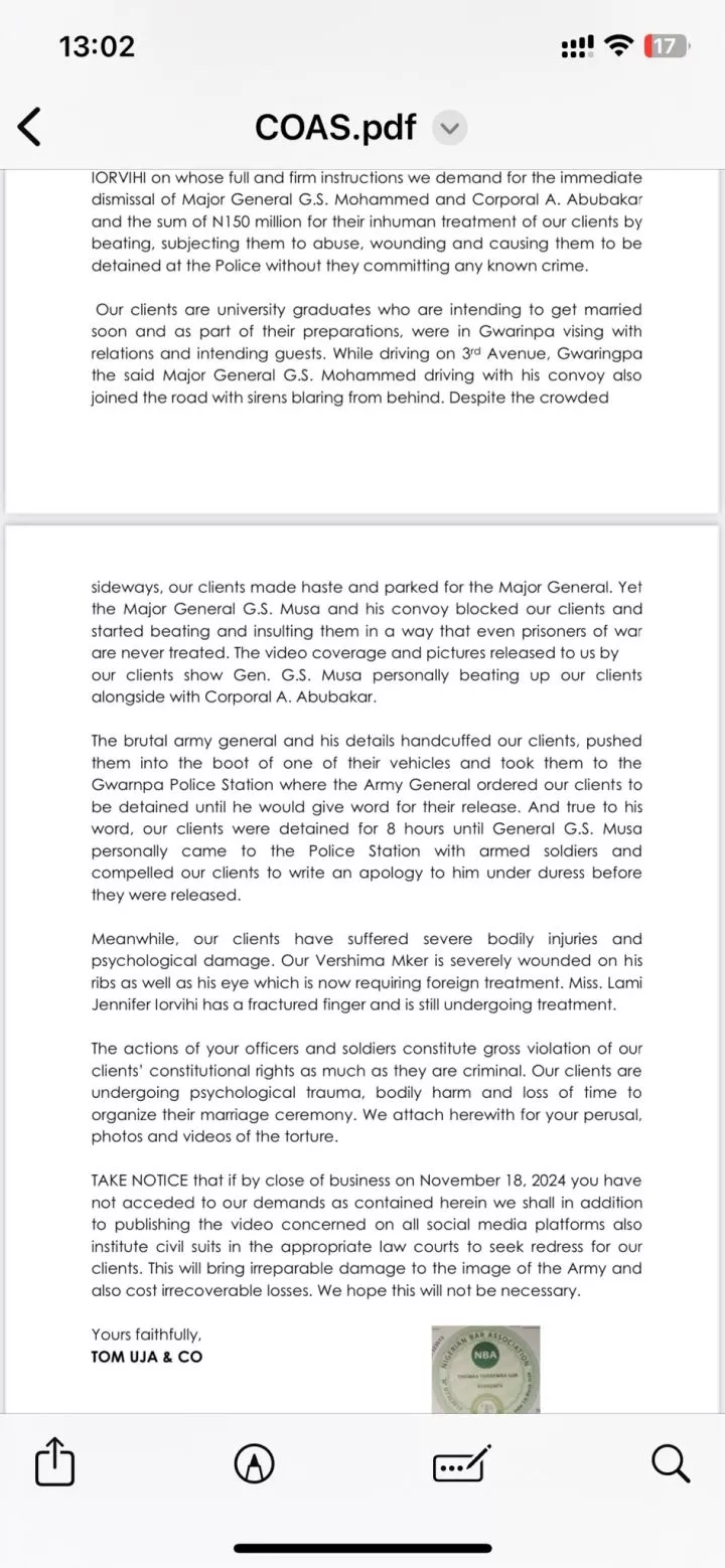 Nigerian couple demand for dismissal of a Nigerian Major after allegedly getting assaulted for not giving way to his military entourage