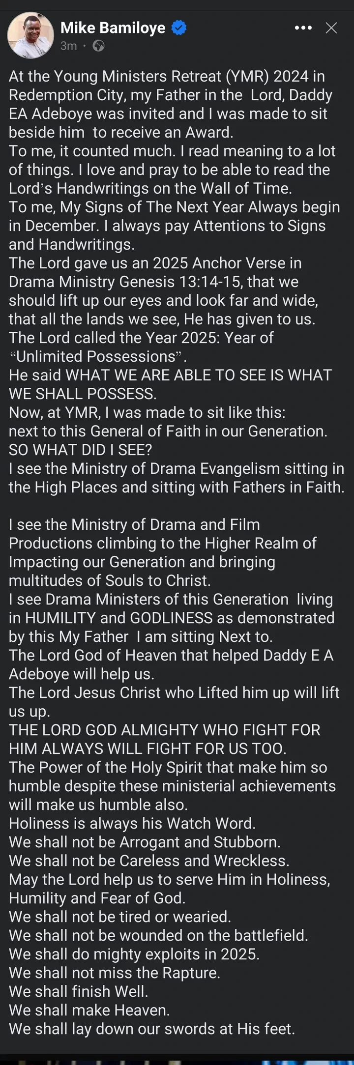 'What the Lord Told Me About the Year 2025' - Evangelist Mike Bamiloye Reveals