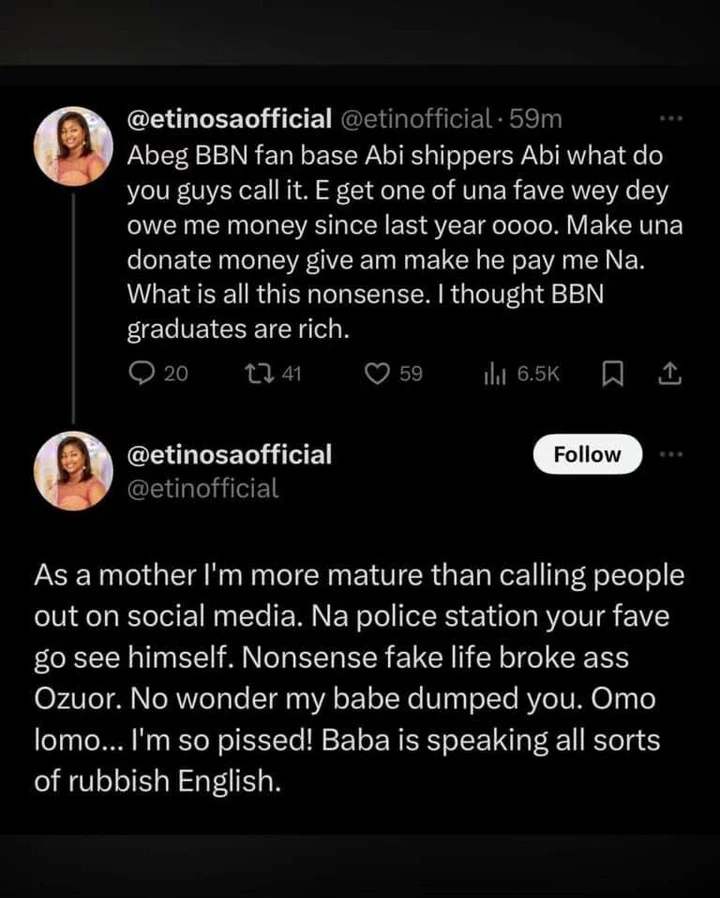 Etinosa Idemudia calls out BBNaija star over unpaid debt