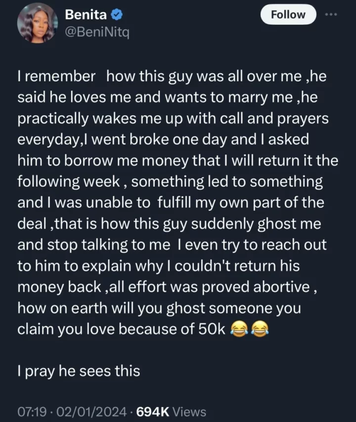 Lady raises alarm after suitor courting her ghosted because of 'just' 50k she didn't pay back