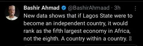 If Lagos Were to Become an Independent Country, It Would Rank as the Fifth Economy in Africa- Bashir Ahmad