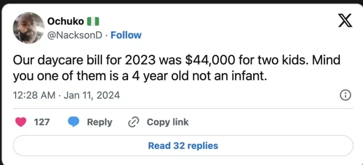 '$100K income isn't enough to start a family' - US-based Nigerian rants after spending $44K on daycare