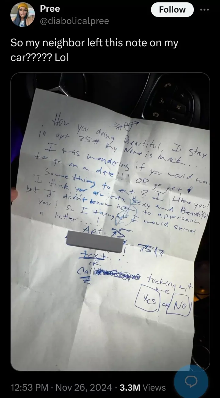 Lady expresses shock after shy neighbor writes her a note to ask her out