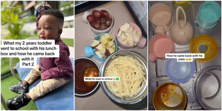 Nigerian mum overjoyed as 2-year-old son returns from school with empty flasks after packing plenty of food for him