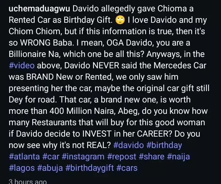 Davido accused of gifting Chioma rented G-Wagon