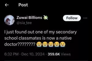 Lady discovers her secondary school classmate is now a native doctor