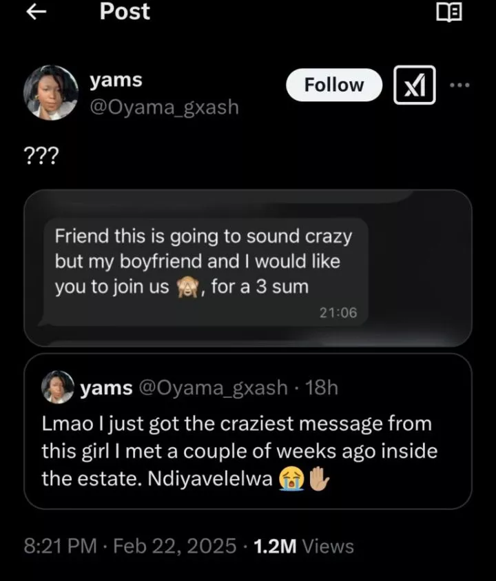 Lady leaks chat after friend asks her to join threesome with boyfriend