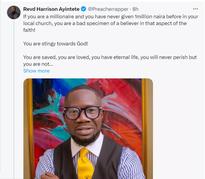 If you are a millionaire and you have never given 1million naira before in your local church, you are a bad specimen of a believer - Pastor claims