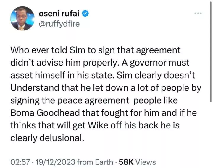 Nigerians react as Rivers state Gov, Sim Fubara, signs peace deal with his predecessor, Nyesom Wike