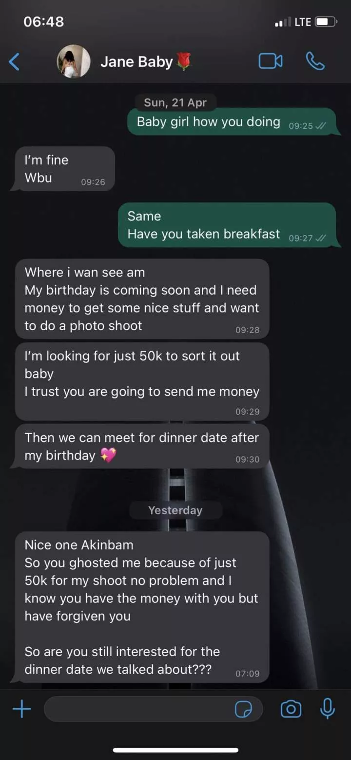 Lady blasts man for failing to give her 'just N50K' for birthday photoshoot