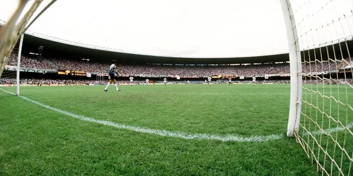 A ground-level shot of the Maracana Stadium. 