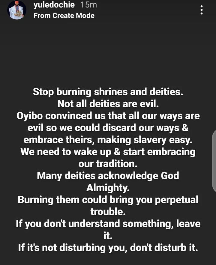 Stop burning shrines and deities. Many deities acknowledge God Almighty- Yul Edochie says.