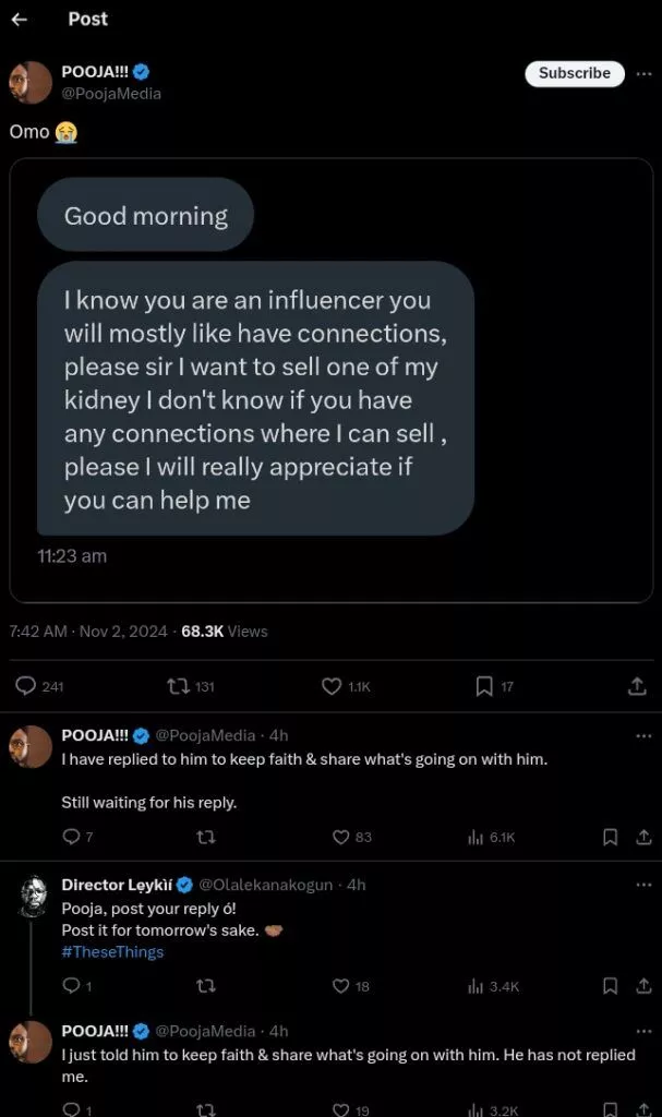 Influencer shares disturbing message from follower seeking to sell a kidney