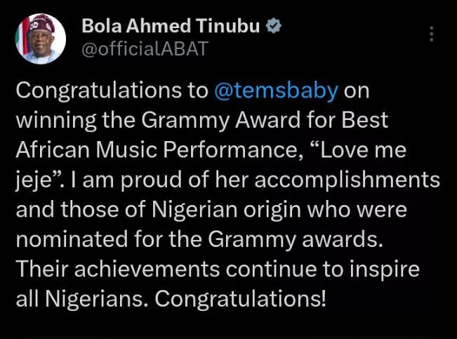 'I am proud of Tems accomplishments' - President Bola Tinubu