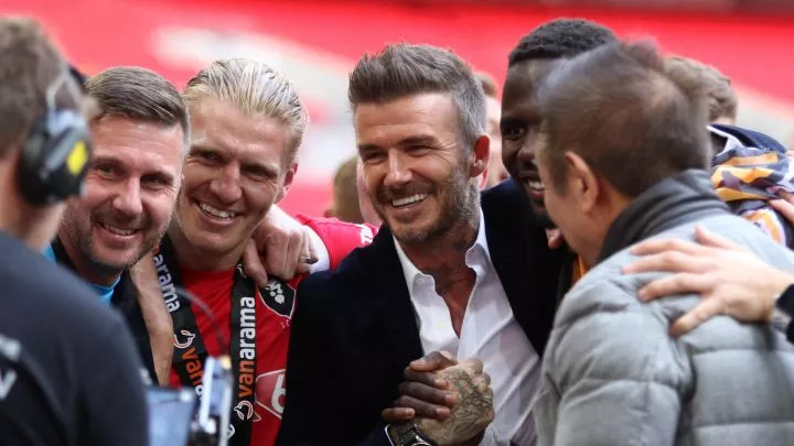 David Beckham celebrates Salford City's promotion in 2019