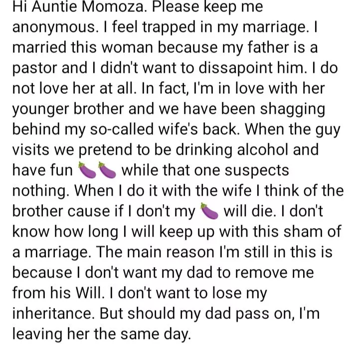 Man confesses being in love with wife's younger brother