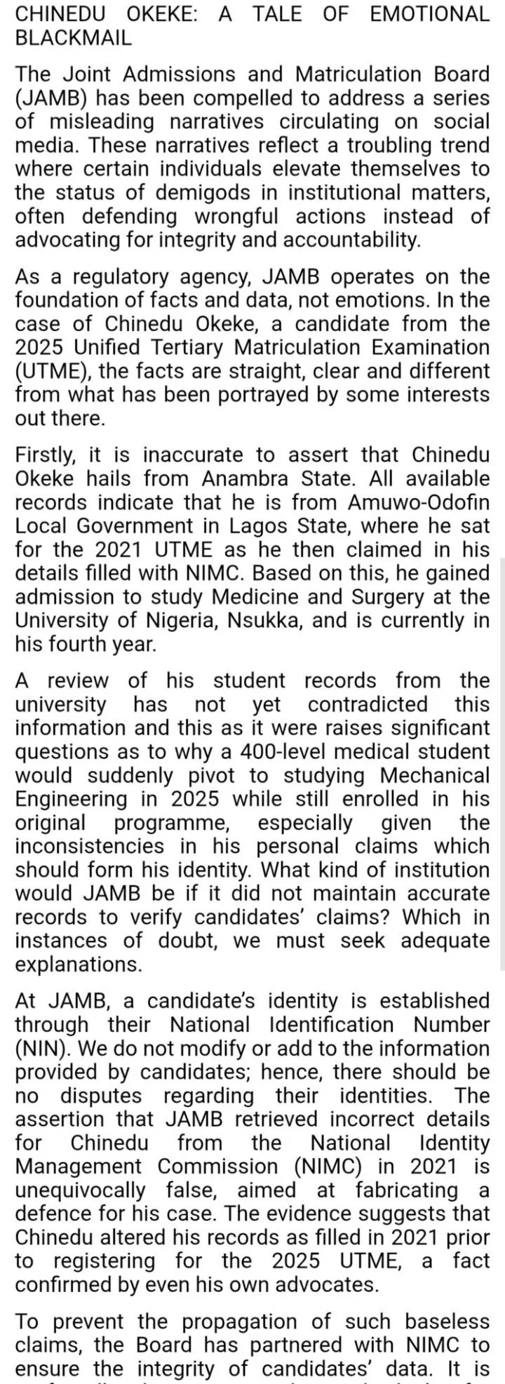 JAMB reacts as Nigerians rally behind top-scoring candidate amid 'mercenary' allegation