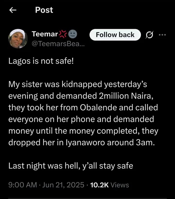 Lady narrates how her sister was kidnapped at Obalende