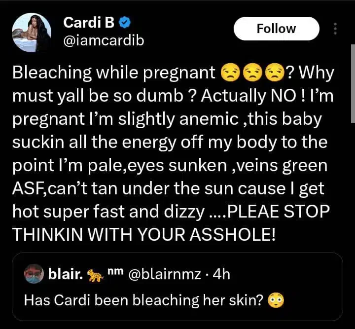 Cardi B tackles troll who accused her of bleaching her skin