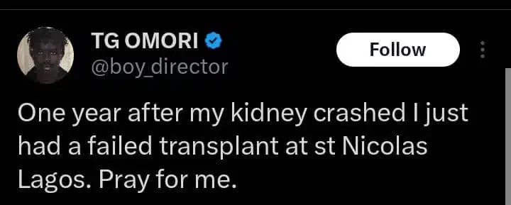 TG Omori reveals kidney transplant unsuccessful after brother's donation