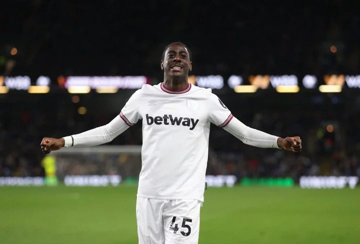 West Ham United's Divin Mubama celebrates scoring his side's first goal during the Premier League match between Burnley FC and West Ham United at T...