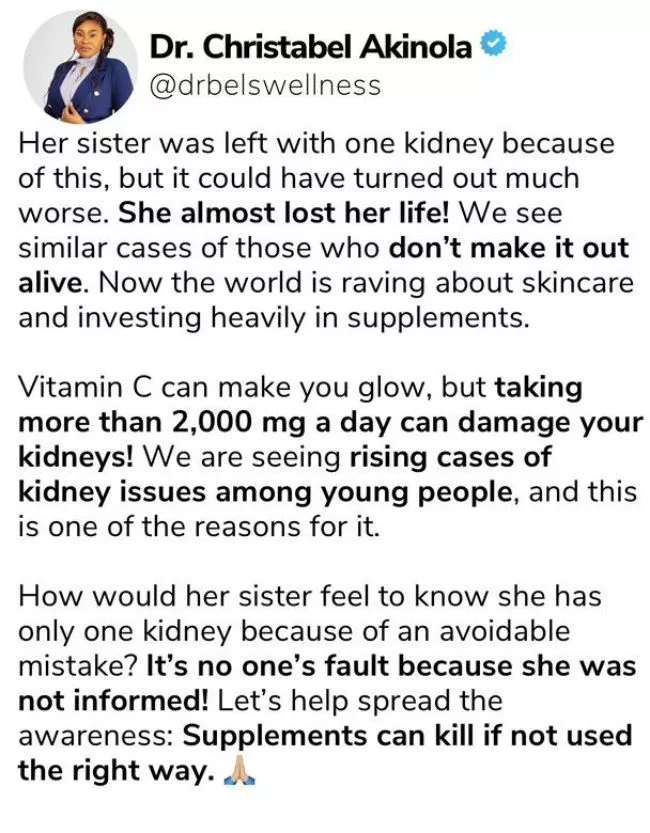 Lady suffers kidney failure after vitamin C overdose in quest for 'glowing skin'