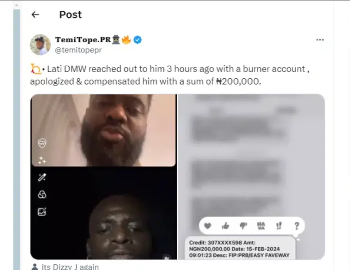 Davido's aid, Lati reportedly credits fan he assaulted with N200,000 as compensation fee