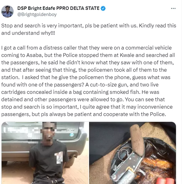 Stop and search may inconvenience passengers but it is important - Delta police PRO says after a gun and two cartridges were found on a passenger