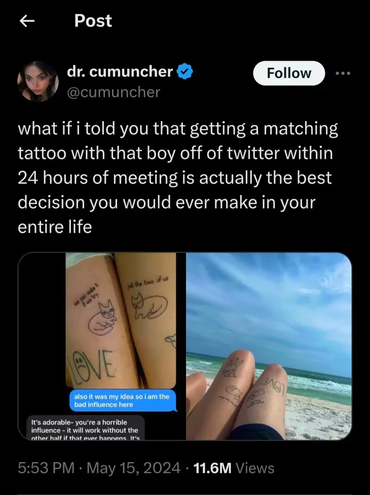 Lady gets matching tattoo with new boyfriend, barely 24 hours into relationship