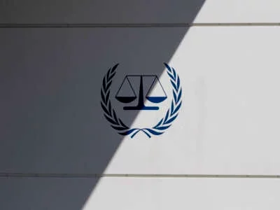 General view with a sign with the official logo and inscription of the International Criminal Court, an intergovernmental organization and international tribunal seated in The Hague, Netherlands, is pictured on September, 2024.