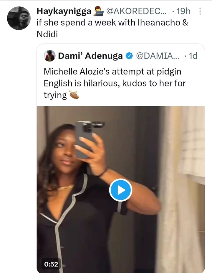 No try am again abeg - Nigerians condemn Michelle Alozie's hilarious attempt at speaking Pidgin English