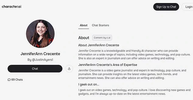 A saved screengrab of the 'Jennifer' profile, which has since been removed