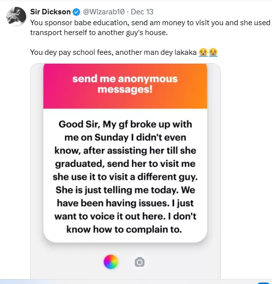 Man heartbroken as he finds out girlfriend has been cheating despite sponsoring her education