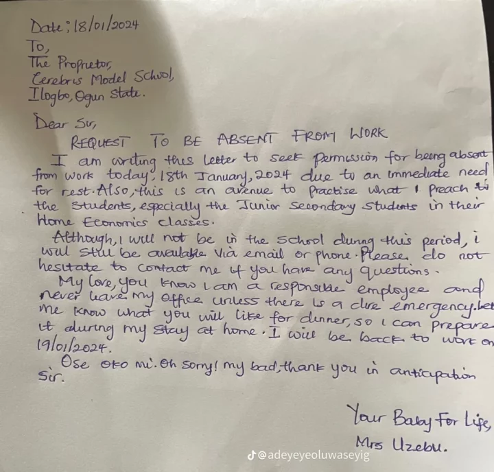 'To proprietor, Cerebris Model School' - Social media reacts as wife writes letter to proprietor-husband for a day off