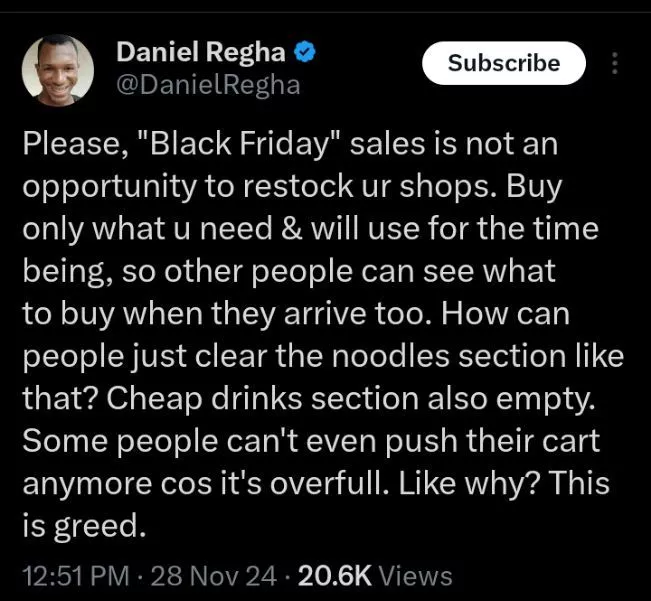 Black Friday: Daniel Regha slams those who 'buy too much'