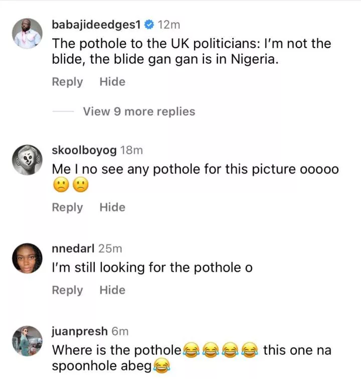 Nigerian potholes feeling jealous - Social media users react to trending photo of UK Prime Minister and his cabinet members posing in front of a pothole troubling their country