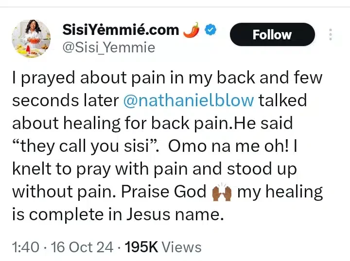 Chef narrates how her back pain vanished during Nathaniel Bassey's Hallelujah Challenge