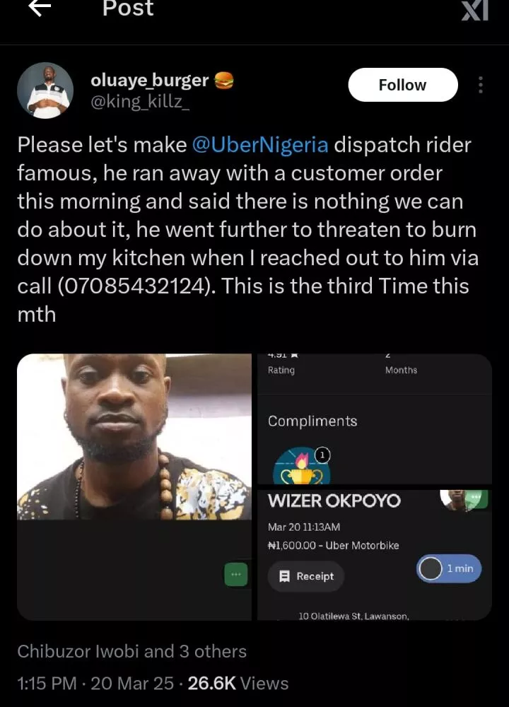 Uber driver flees with customer order