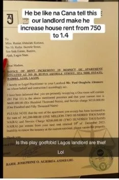 Landlord writes letter to tenants, increases rent from N750K to N1.4 million