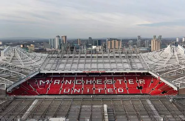 A general view of Old Trafford football ground with Media City/ Salford Quays in the background ahead of the Premier League match between Manchester United and Leeds United at Old Trafford.