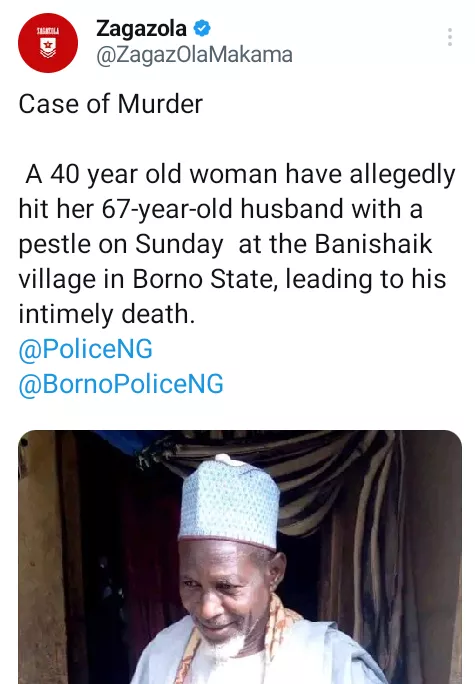 Woman allegedly k!lls her 67-year-old husband with pestle in Borno