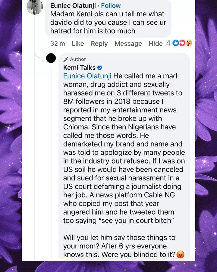 Kemi Olunloyo officially 'frees' Davido, reveals how he offended her